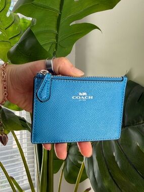 Coach Mini Skinny Id Case Blue Women's Wristlet Wallet Zip Card Holder